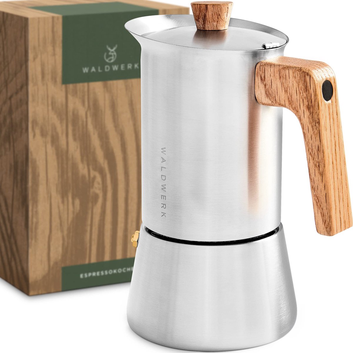 WALDWERK espressomachine (300ml) - inductie-espressomachine geschikt voor alle soorten kachels - Percolator mokkapot van roestvrij staal met houten handvat van echt eikenhout