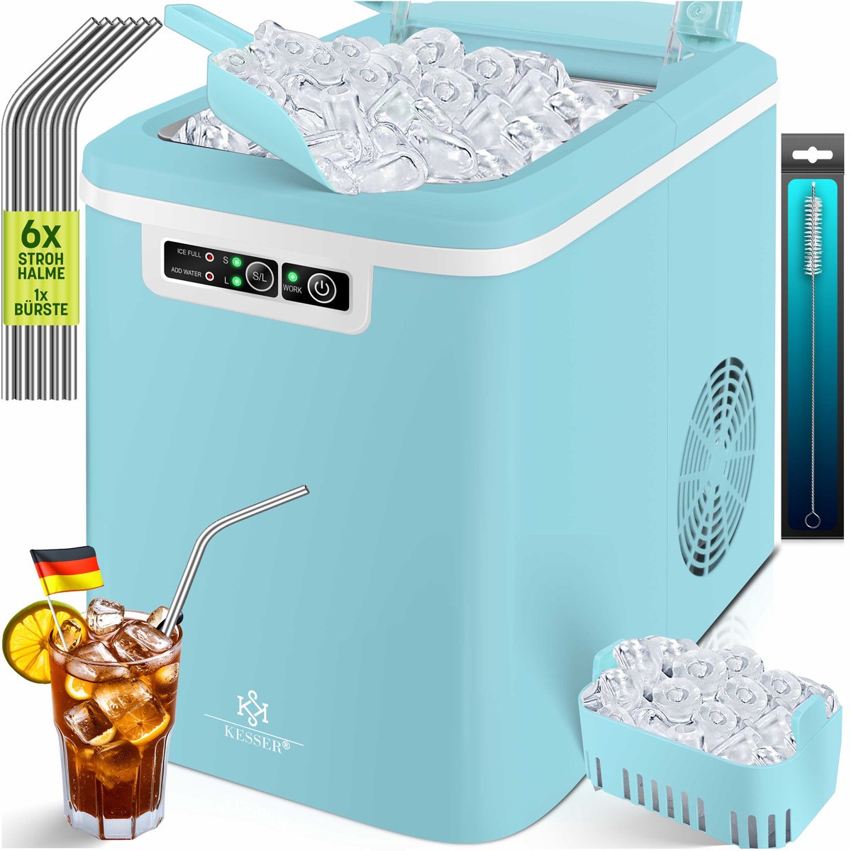KESSER® Ijsblokjesmaker - Ijsblokjesmachine -12kg/24 uur - RVS - Blauw •