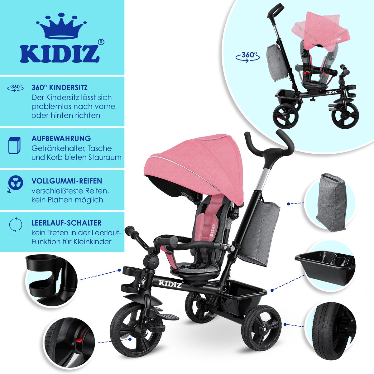 KIDIZ® 5in1 Kinderfiets - Loopfiets - Driewieler - Roze •