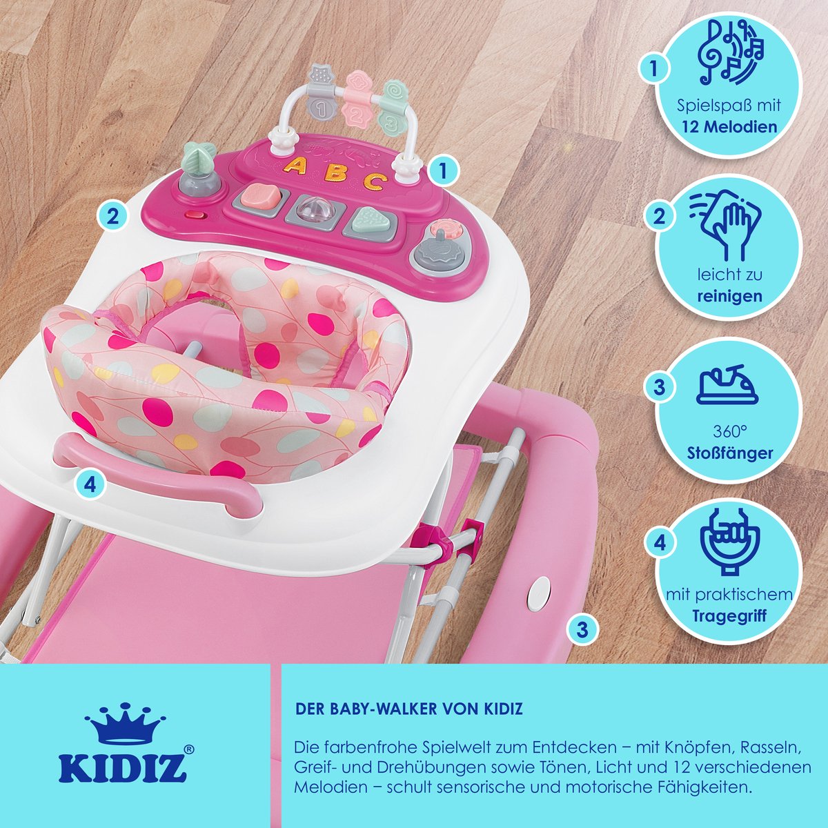 KIDIZ® 4in1 Babywalker / Loopstoel / Loopstoeltje voor Baby speel- en loopstoeltje - schommelfunctie baby wipstoeltje met wielen, licht, muziek, speelcentrum eettafel loopstoel loophulp baby's vanaf 6 maanden opvouwbaar - Roze