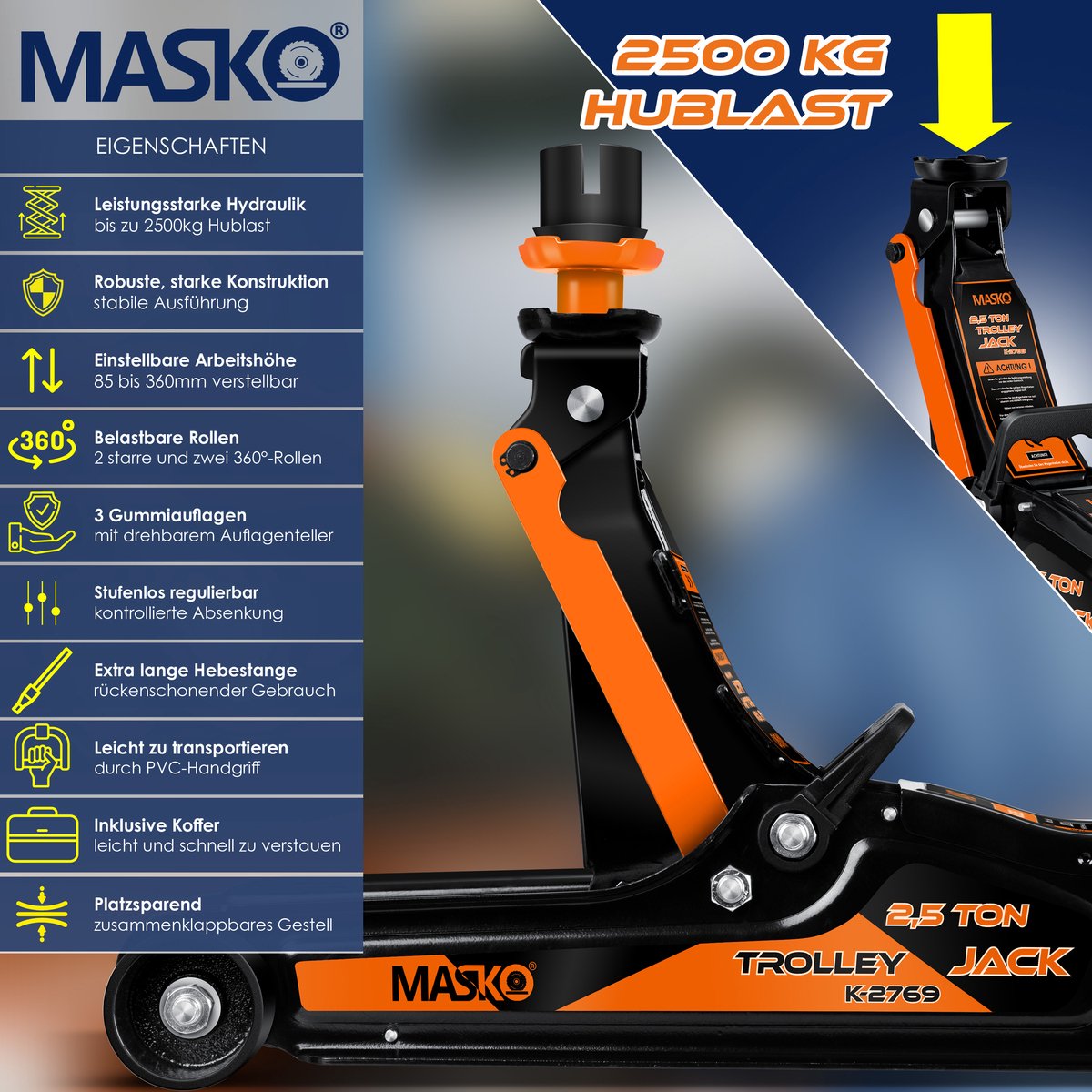MASKO Hydraulische Autokrik - Garagekrik - 2.5 Ton - Oranje