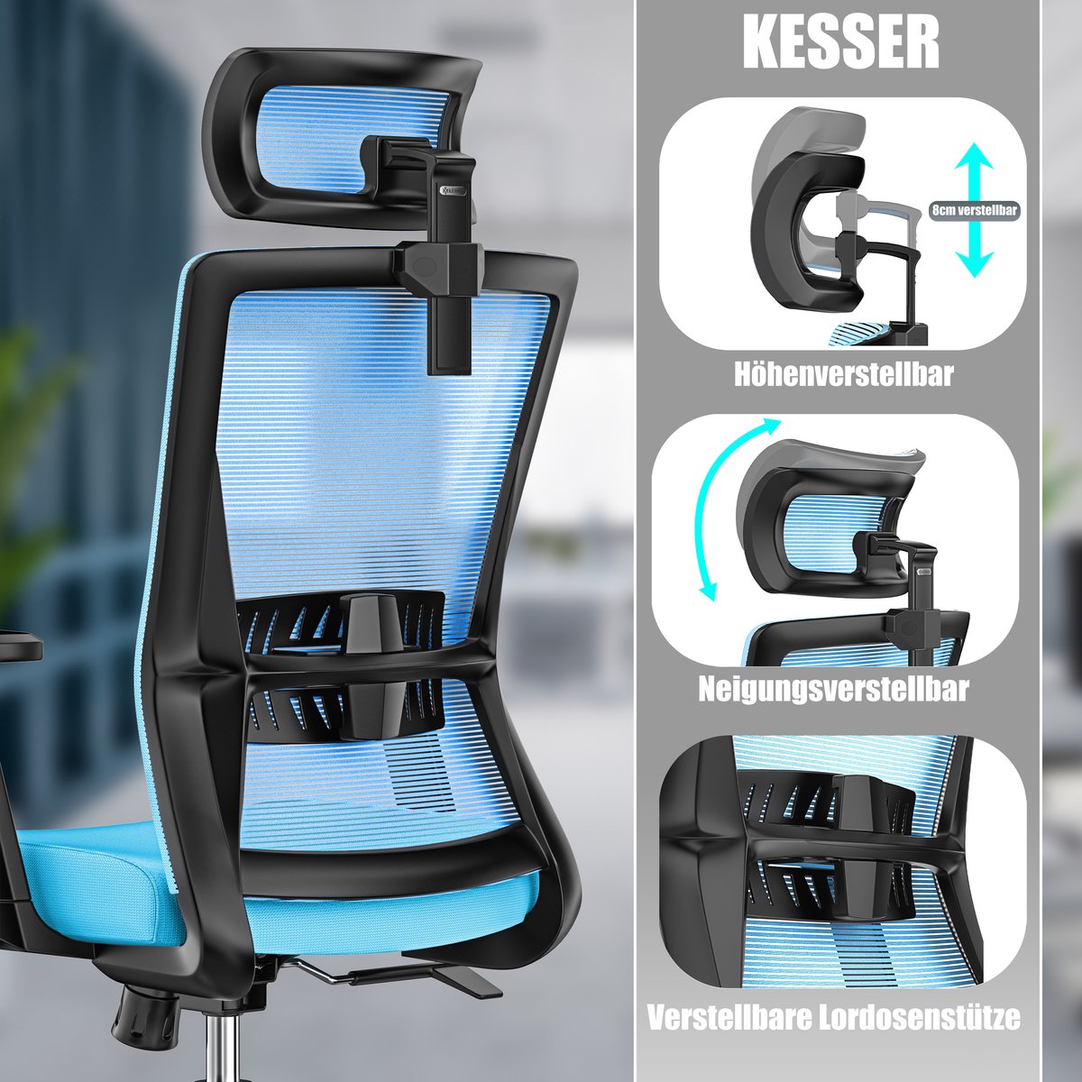 KESSER® Ergonomische Bureaustoel - Gamestoel - Office Chair - Blauw •