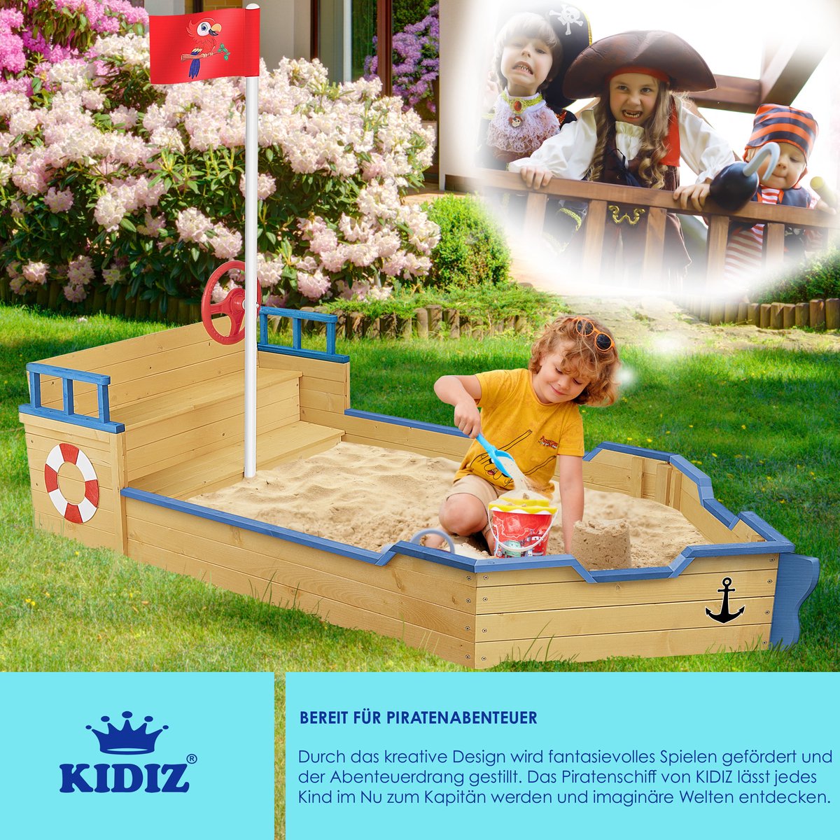 KIDIZ® Zandbak piratendesign - Met bankje - Bruin