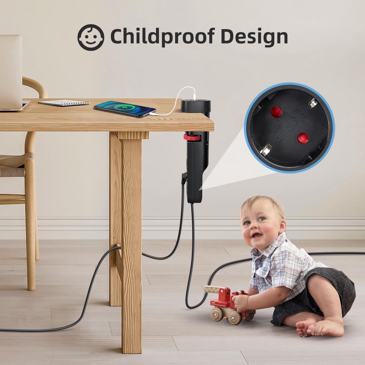Aigostar 20Y42- Stekkerdoos met Schakelaar - 5 Stopcontacten - 3 USB Poorten - 1.4 Meter Verlengsnoer - met tafelclip - Zwart •