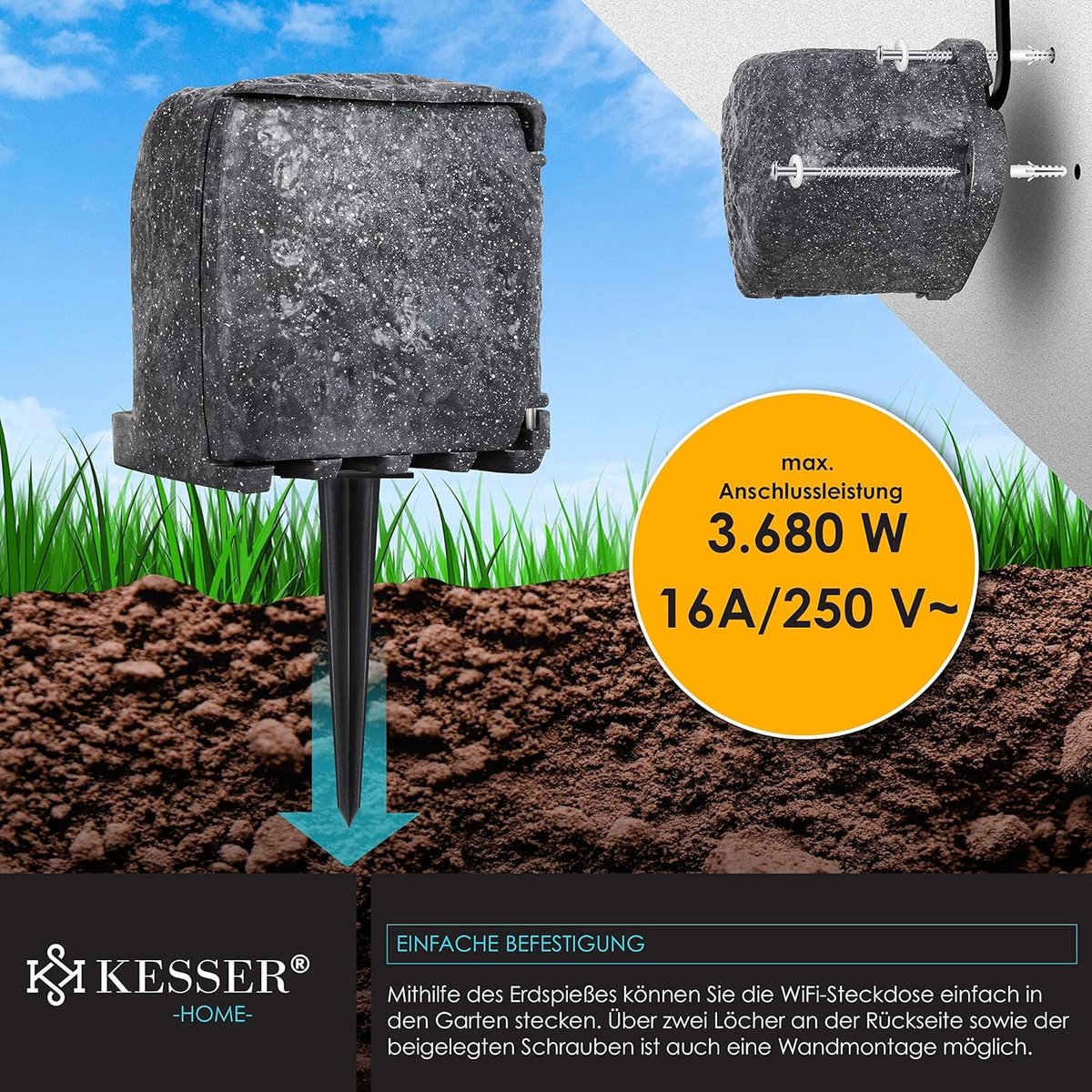 KESSER® Tuinstopcontact - 4 stopcontacten - IP44 waterdicht - Antraciet