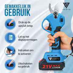 Vesto® Elektrische Snoeischaar - Draadloos met 2 Accu's en Opbergkoffer - Professioneel Takkenschaar voor 28mm - Tuinschaar - Heggenschaar op Batterij - Voor Snoeien van Takken & Heggen