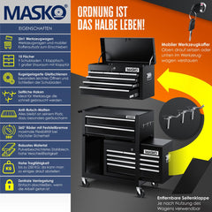 Masko® Werkplaatswagen - Gereedschapswagen - 9 vakken - Zwart