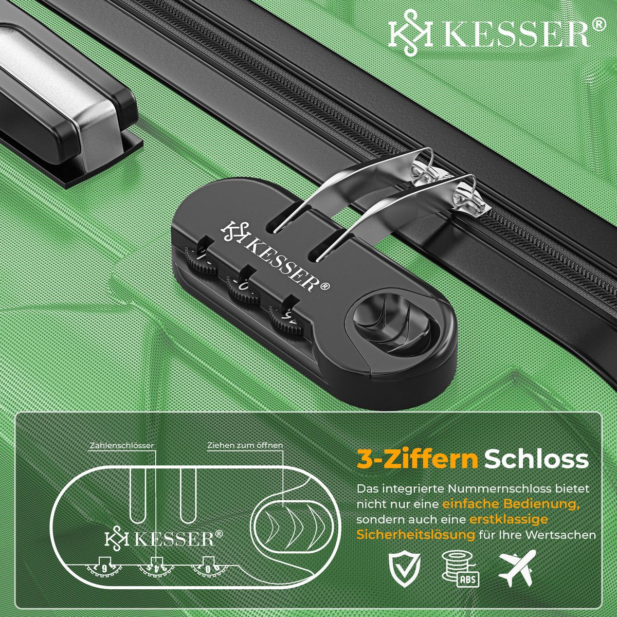 KESSER® Reiskofferset - 3-delig - ABS- Kofferset - Groen
