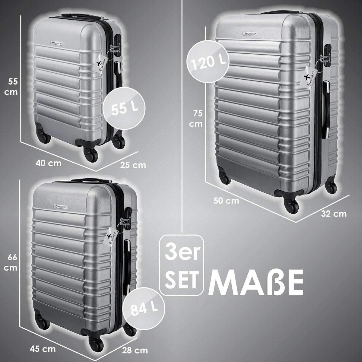 KESSER® Reiskofferset - 3-delig - ABS- Kofferset - Zilver