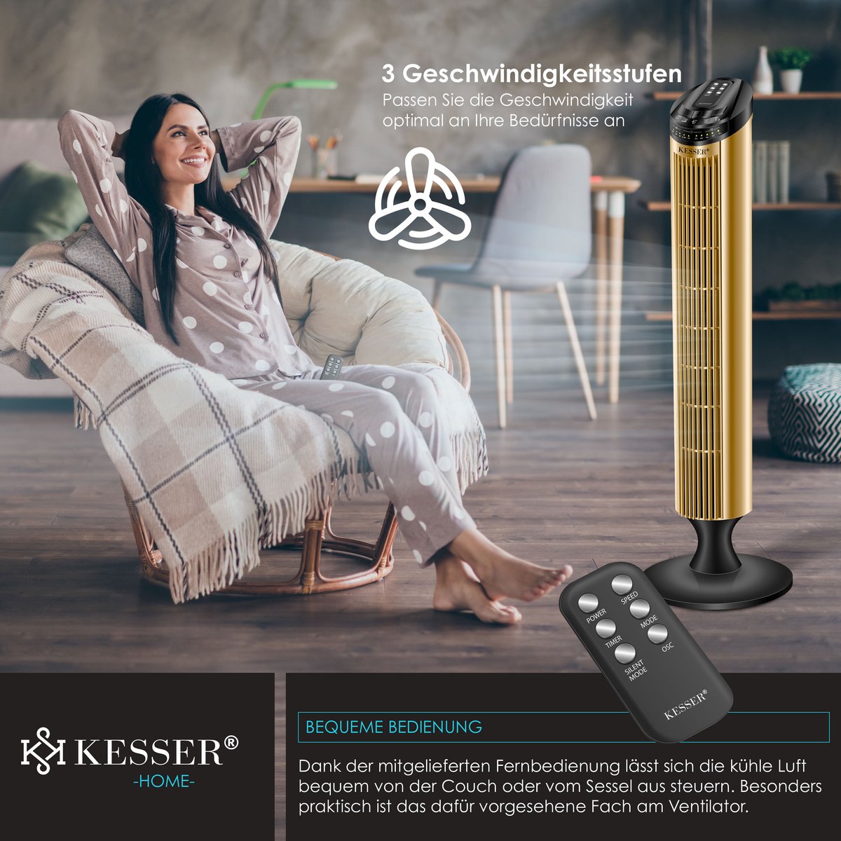 KESSER® Torenventilator - Fluisterstil - Oscillatie - Goud •