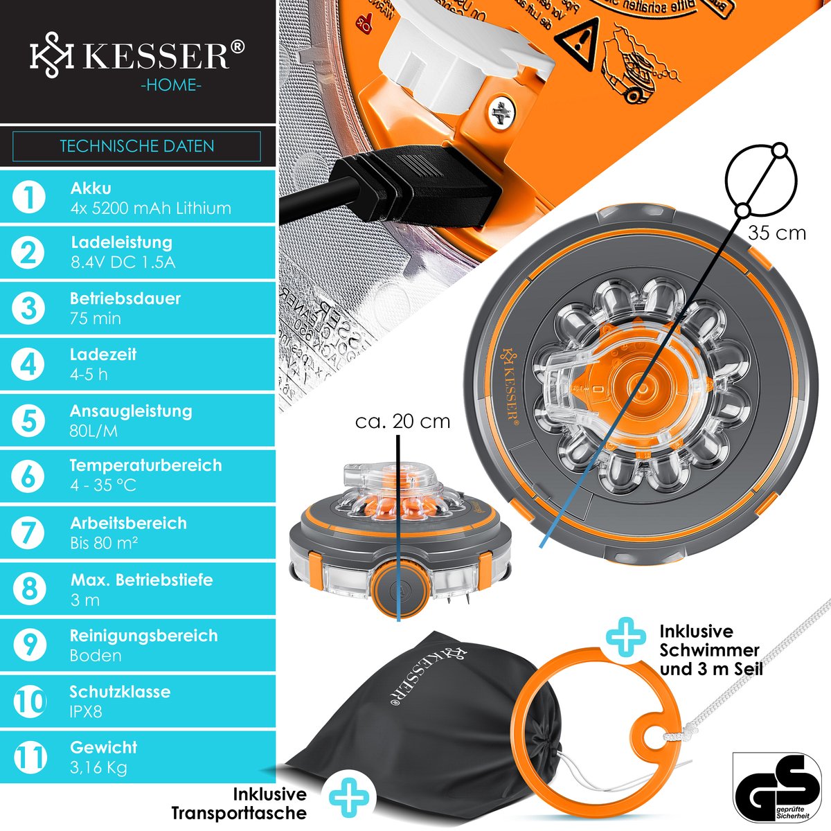 KESSER® Zwembadrobot accu Aqua-9000 incl. transporttas, Stofzuiger voor zwembaden tot 80m², Li-Ion accu max. 75 min, Zwembadreiniger snoerloze zwembadstofzuiger vloerreiniging volautomatische vloerstofzuiger - Oranje