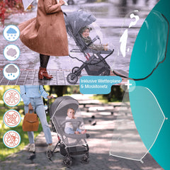 KIDIZ® Buggy 3 in 1 Kinderwagen Inklapbaar met voetenzak Baby Plooibuggy Wandelwagen inclusief Bekerhouder, regenhoes & klamboe Reisbuggy - Antraciet / Zwart