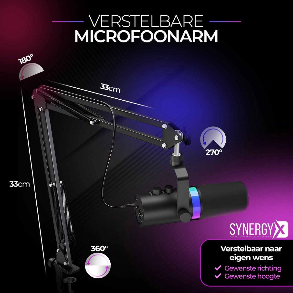 SynergyX SonicFlex Pro ll Microfoon - USB Gaming Microfoon Met Arm XC7 - PC-Gaming - Geschikt voor PC/PS4/PS5 - RGB - Podcast - Gaming - Streaming - Zwart