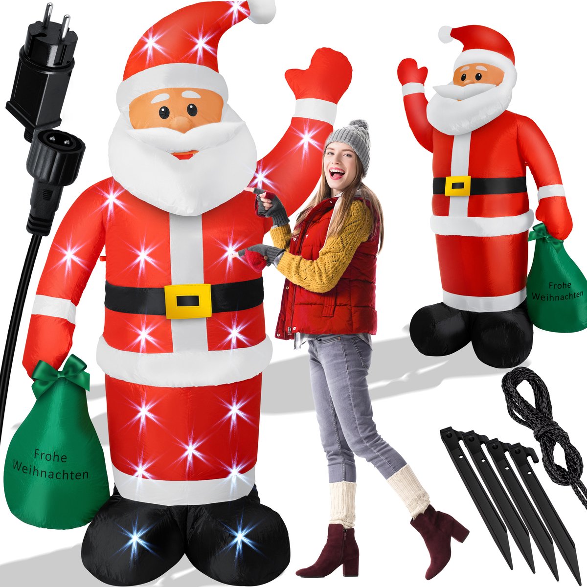 KESSER® XXL Opblaasbare Kerstman LED Verlicht - Kerstverlichting, kerstdecoratie, Kerstversiering, kerstman pop met bevestigingsmateriaal, weerbestendig IP44 - 195cm