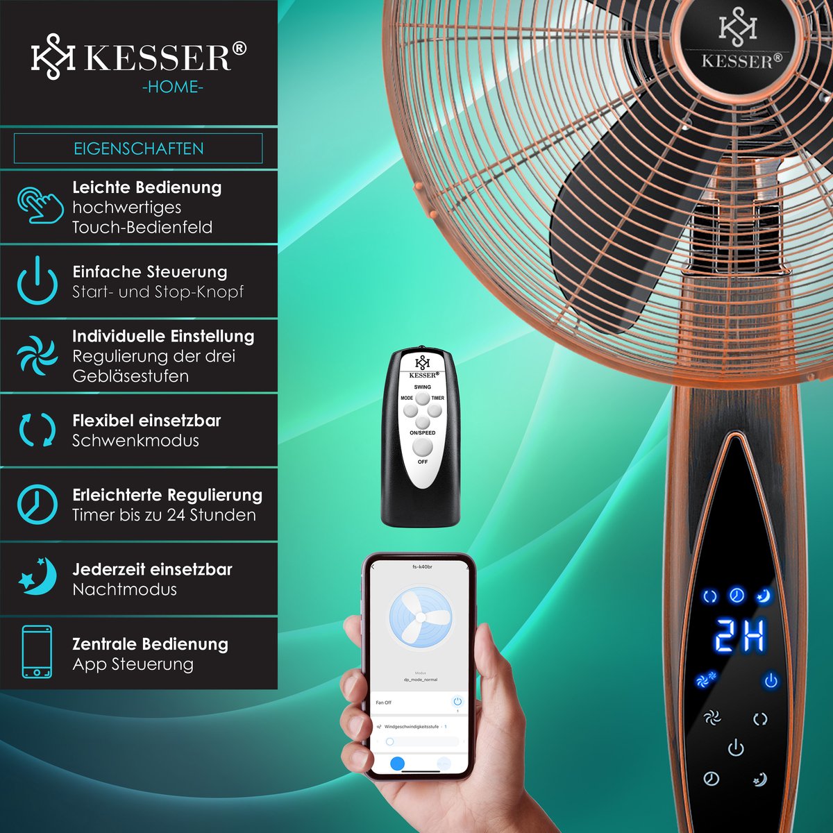 KESSER® Statiefventilator Metaal staande Ventilator met afstandsbediening APP Functie Wifi Timer - Oscillatiefunctie 80 graden 55W - 3 snelheidsniveaus In hoogte verstelbare stand - Koper