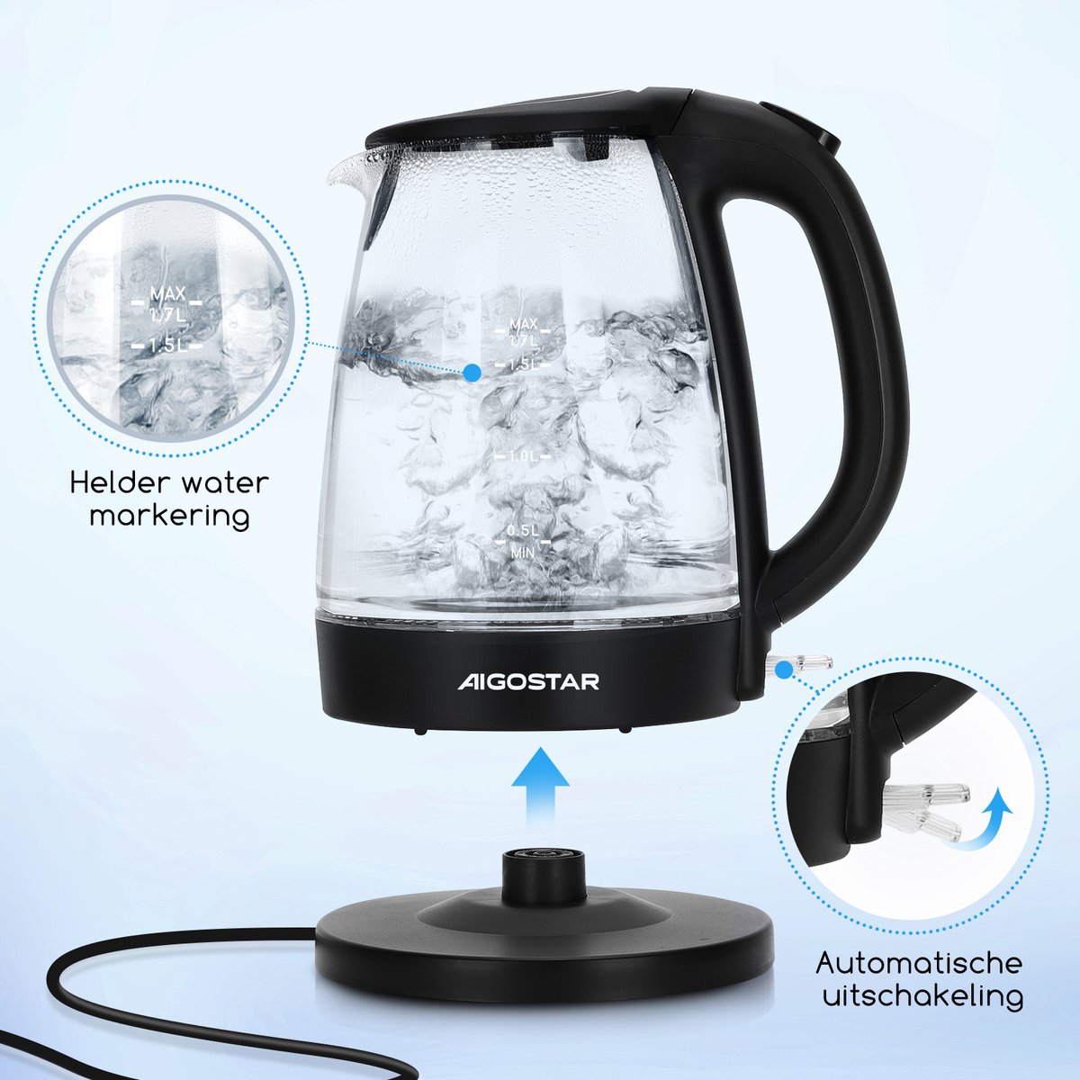 Aigostar Glazen Waterkoker - LED - 1,7L - 2200W - Zwart •