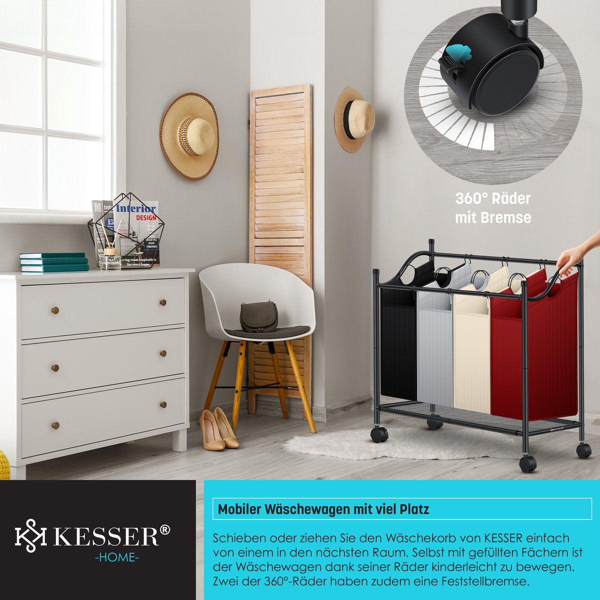 KESSER® Wasmand op Wieltjes - 4 Vakken - Wassorteerder