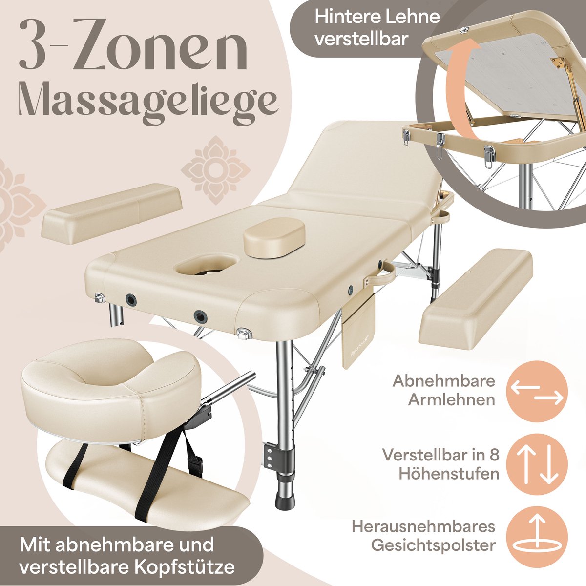 KESSER® Massagetafel inklapbaar 180x61x90cm | Behandeltafel 225kg Draagvermogen & In Hoogte Verstelbaar | Mobiele Massagebank 3-Zone | Aluminium Massagebed met Hoofdsteunen Armsteunen & opbergtas - Beige