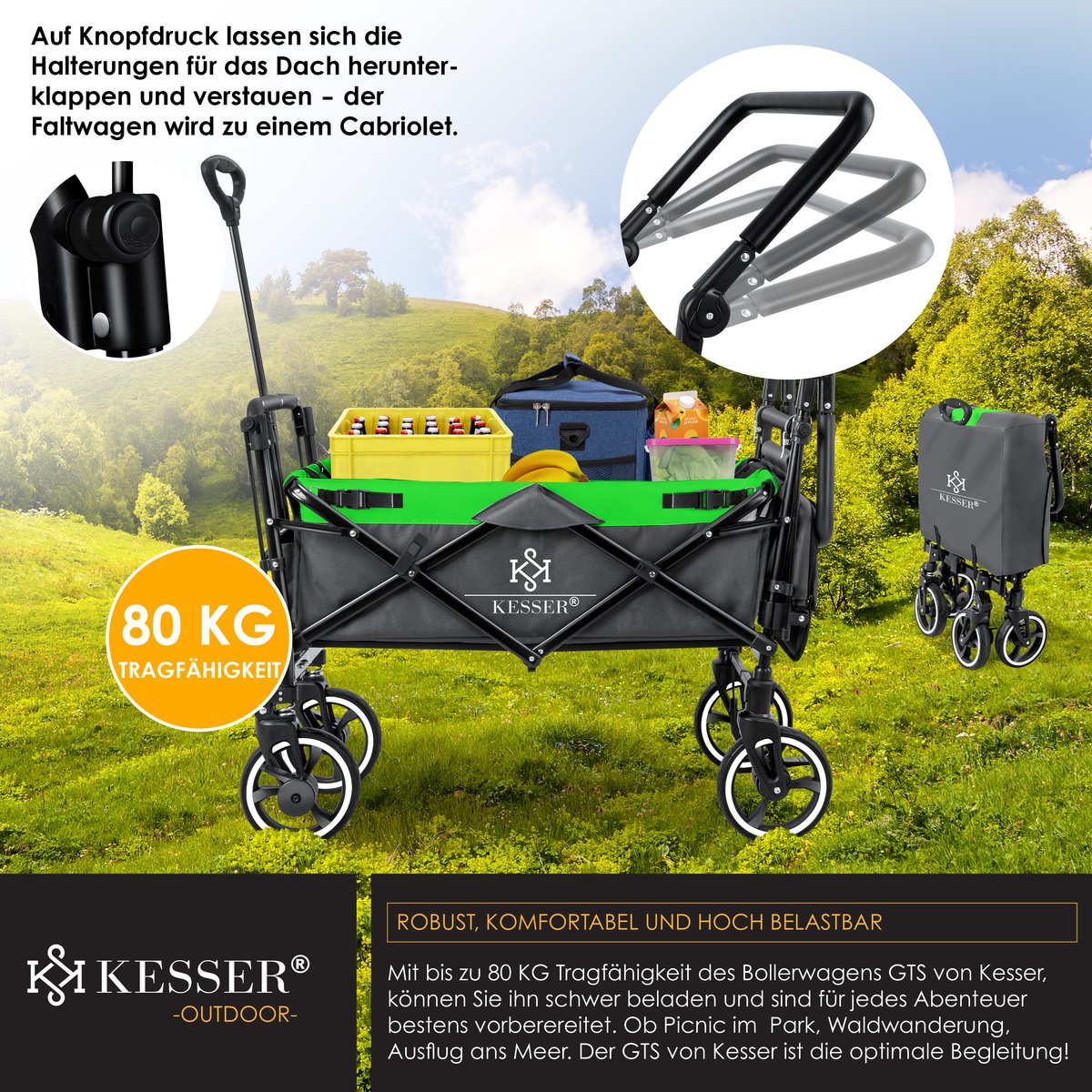 KESSER® Bolderkar GTS-9100 opvouwbaar met Dak tot 80 kg draagvermogen - Antraciet / Neongroen