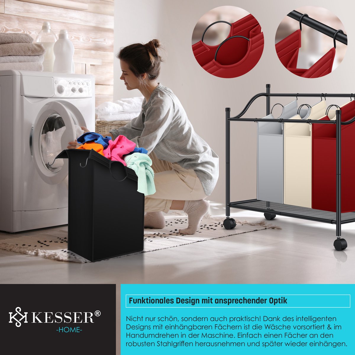 KESSER® Wasmand op Wieltjes - 4 Vakken - Wassorteerder