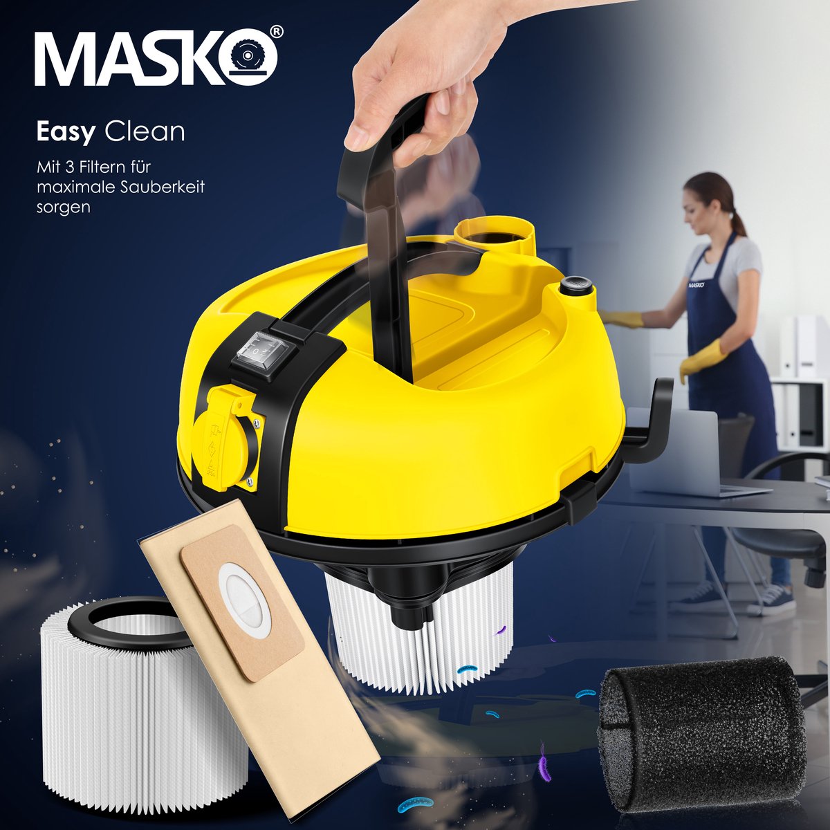 MASKO® Industriële stofzuiger 2300W - Droog- & Natzuigen - Geel