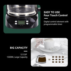 Aigostar Benno - Koffiezetapparaat - Filterkoffie - 12 kopjes - Koffiemachine - met Glazen Kan - Digitaal Display, Timer en Warmhoudplaat - Zwart/RVS •