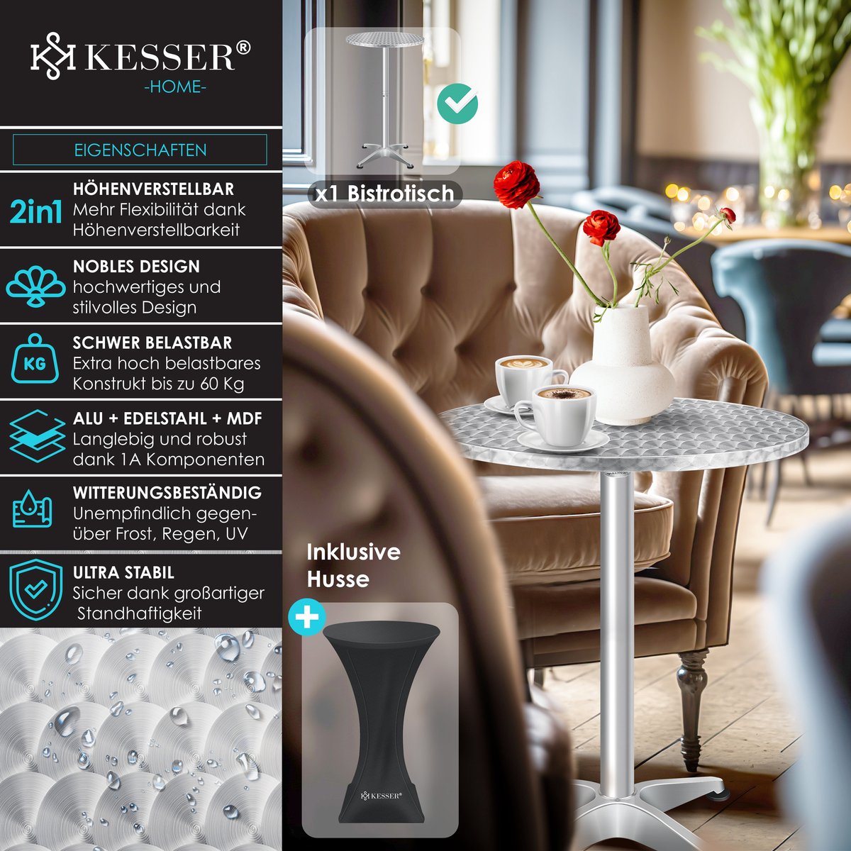 KESSER® bartafel bistrotafel 2in1 aluminium roestvrij stalen blad | in hoogte verstelbaar | 70cm / 115cm | partytafel tafel Ø 80cm | binnen & buiten | bruiloft | receptietafel | 4 poten - Zilver