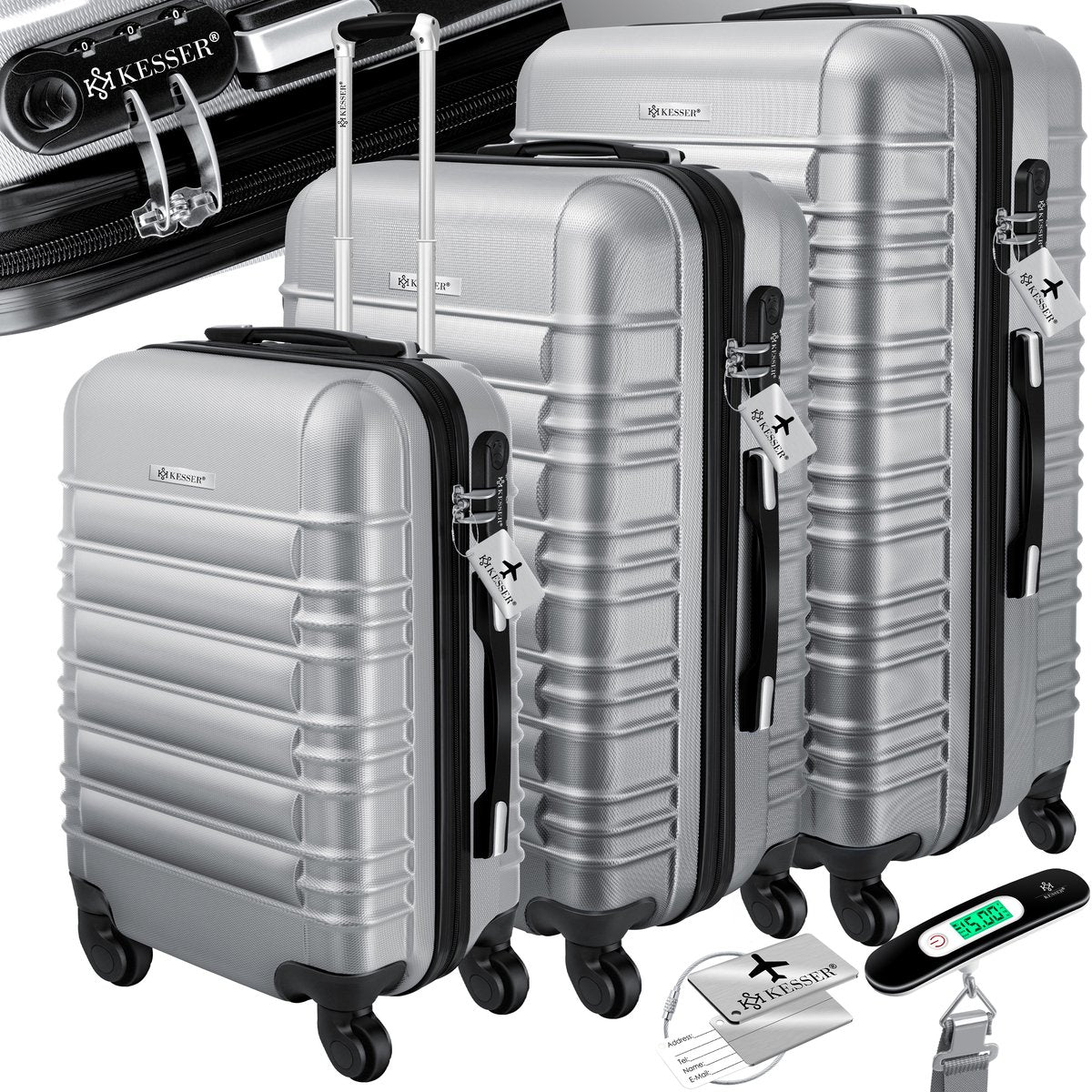 KESSER® Reiskofferset - 3-delig - ABS- Kofferset - Zilver