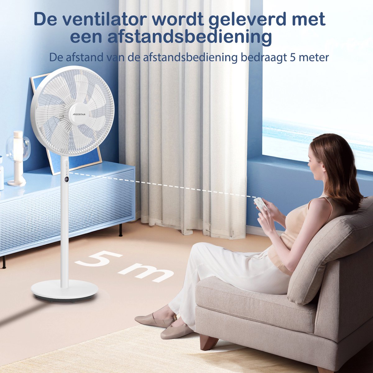 Aigostar Statiefventilator Sedate - Staande ventilator-Afstandsbediening-Timer- Stille Werking -3 snelheden- In hoogte verstelbaar - 7 bladen - 45W - Wit •