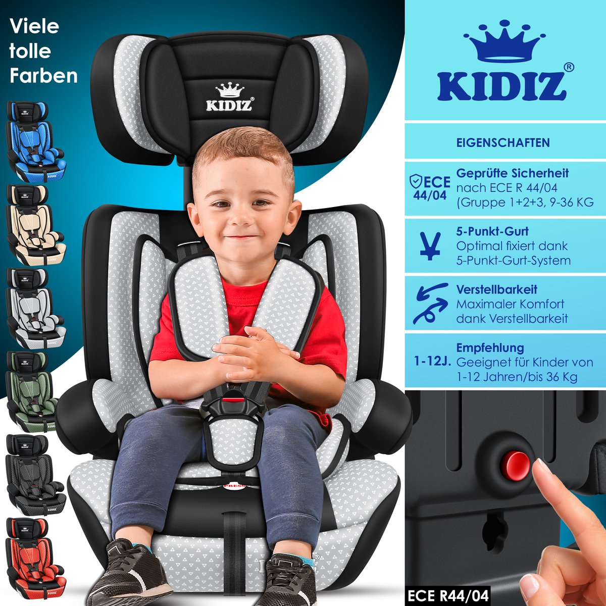 KIDIZ® Autostoeltje - 5-punts veiligheidsgordel - Grijs