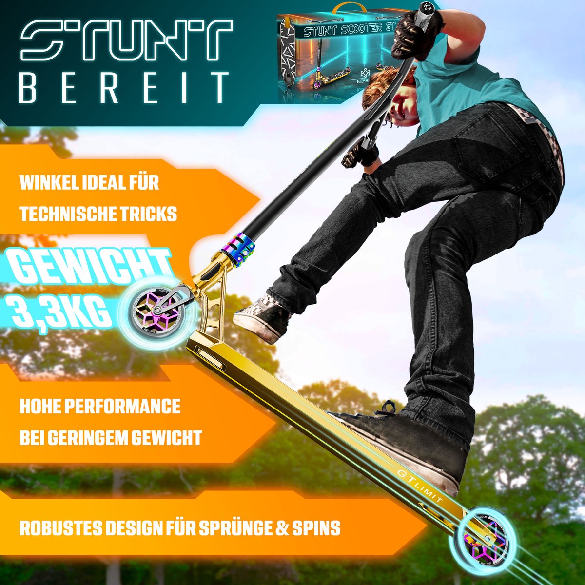 KESSER® Stuntstep GT-Limit 360° voor Volwassenen en Kinderen - Step met Standaard ABEC 9 Kogellagers, 110 mm PU Wielen Stunt Scooter - Goud