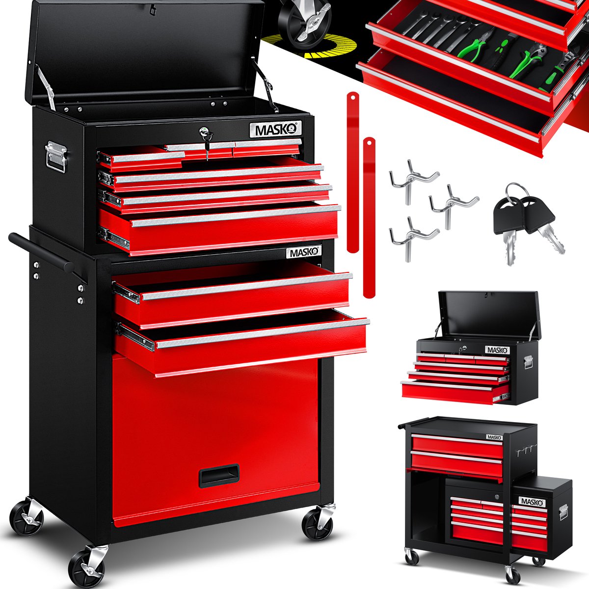 Masko® Werkplaatswagen - Gereedschapswagen - 9 vakken - Rood