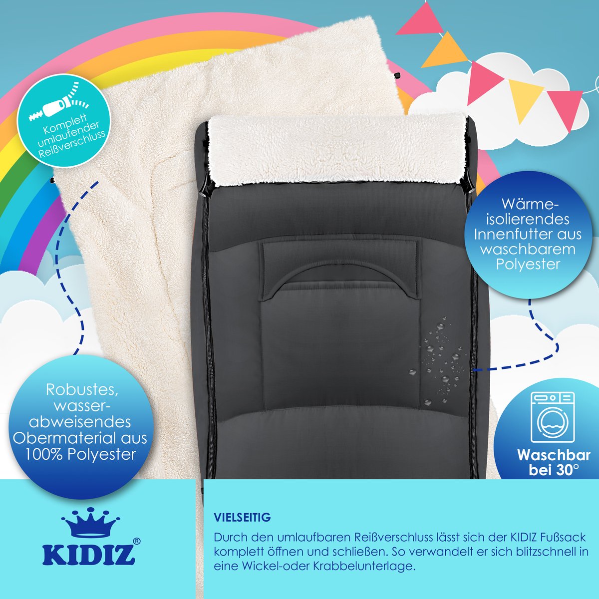 KIDIZ® Voetenzak voor Autostoeltje en Buggy met Ritssluiting - Baby Slaapzak Deken voor Maxi-Cosi & Wandelwagen / Kinderwagen - Antraciet •