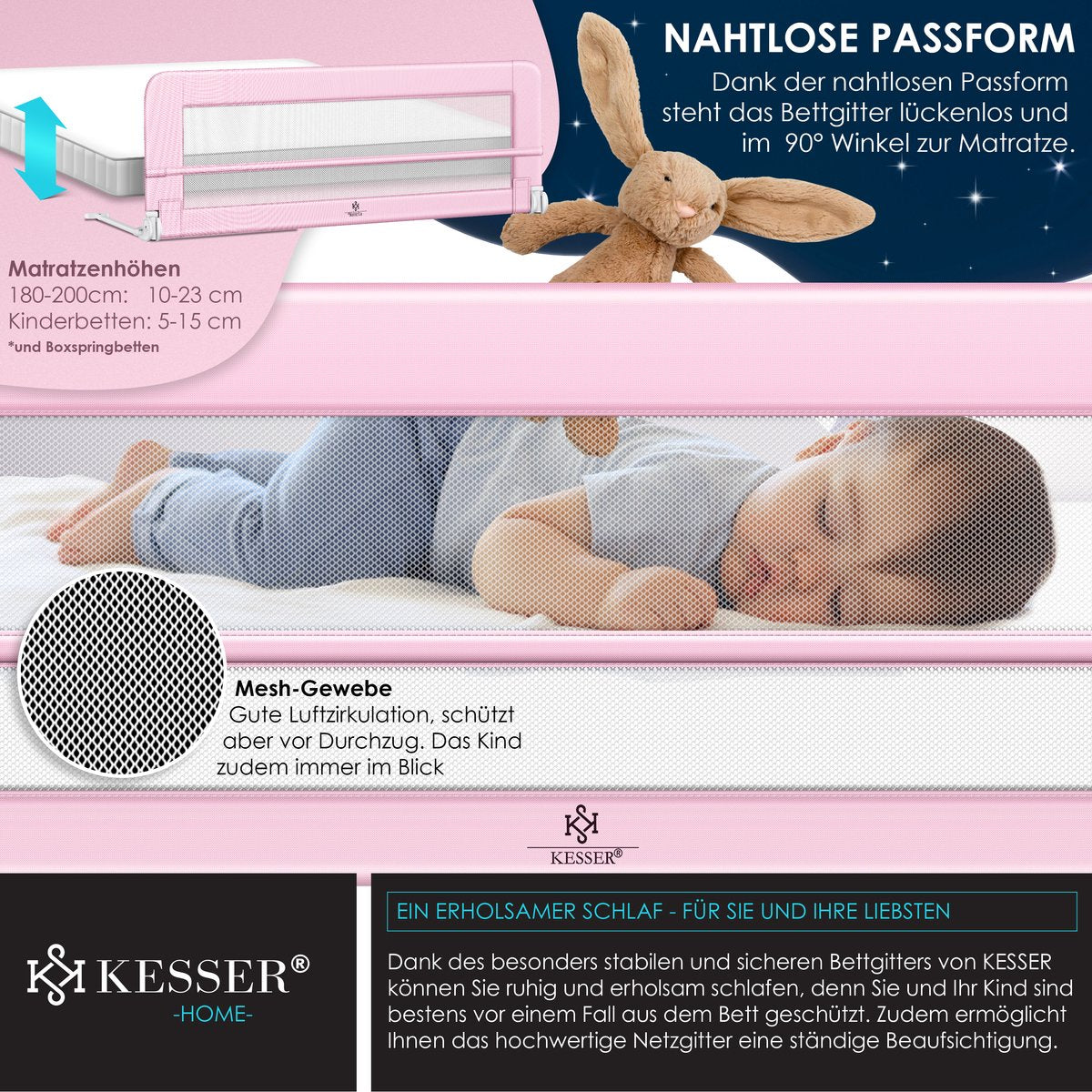 KESSER® bedhekje - Kinderbedhek - Bedhek - Babybedhek Valbeveiligingsbed voor Bed & boxspring - 200 cm, Roze