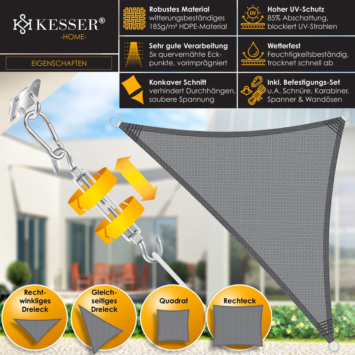 KESSER® Schaduwdoek 4.2x4.2x6m - Zonnezeil - Driehoek - Waterafstotend - Grijs