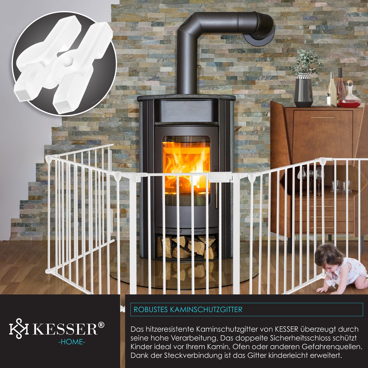 KESSER® Veiligheidshek - Vonkenscherm - Openhaard hek - Haardwacht - Haardbescherm - Veiligheidshekje voor Kinderen - Wit