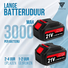 Vesto® Elektrische Boorhamer - Draadloze Klopboormachine - Hamerboor met Beitelfunctie - Accu Combihamer - Betonboor - Inclusief Borenset, 2x Accu & Oplader
