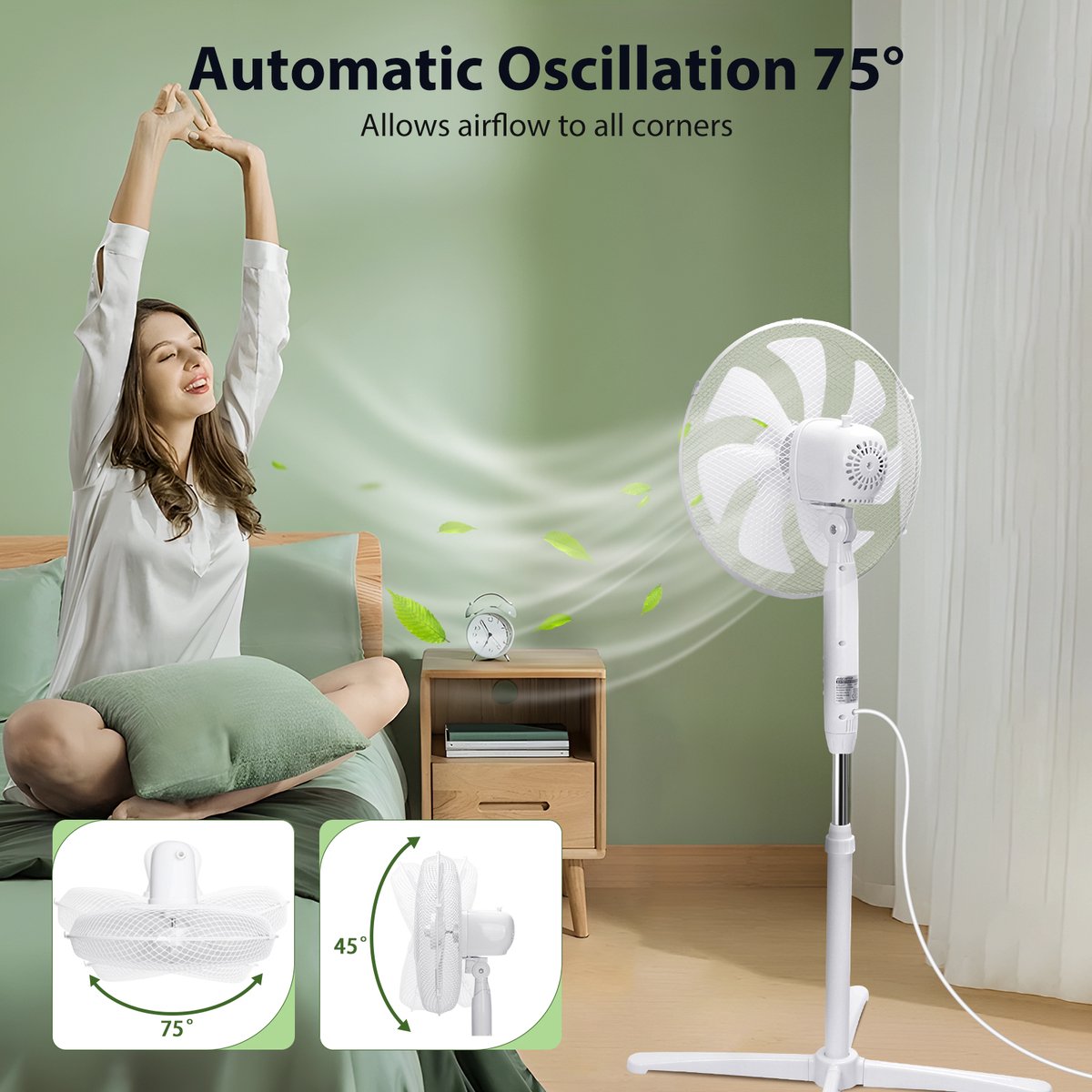 Aigostar Erika Statiefventilator - Oscillerende Ventilator Staand - Stille Werking - 3 Standen - In hoogte verstelbaar - 7 bladen - 50W - Wit