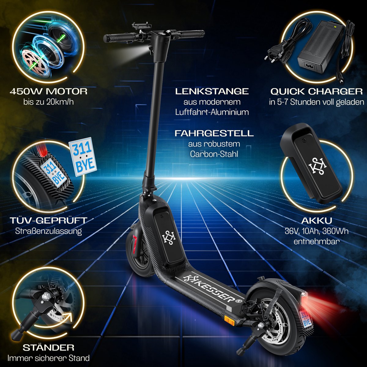 KESSER® Elektrische Step 10" E-Scooter Max. 25km/h - Electrische Scooter Bereik ±40km Opvouwbare 450W E-Step 10ah max. belasting tot 120 kg - Carboon