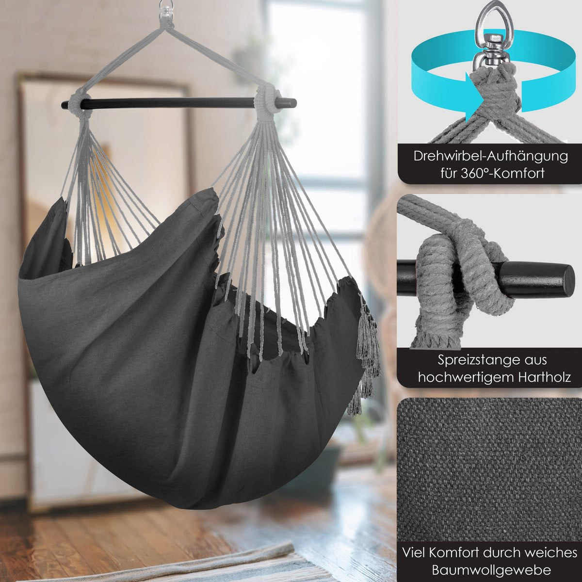 KESSER® XXL Hangstoel - 2 Kussens - Tot 150 kg - Antraciet •