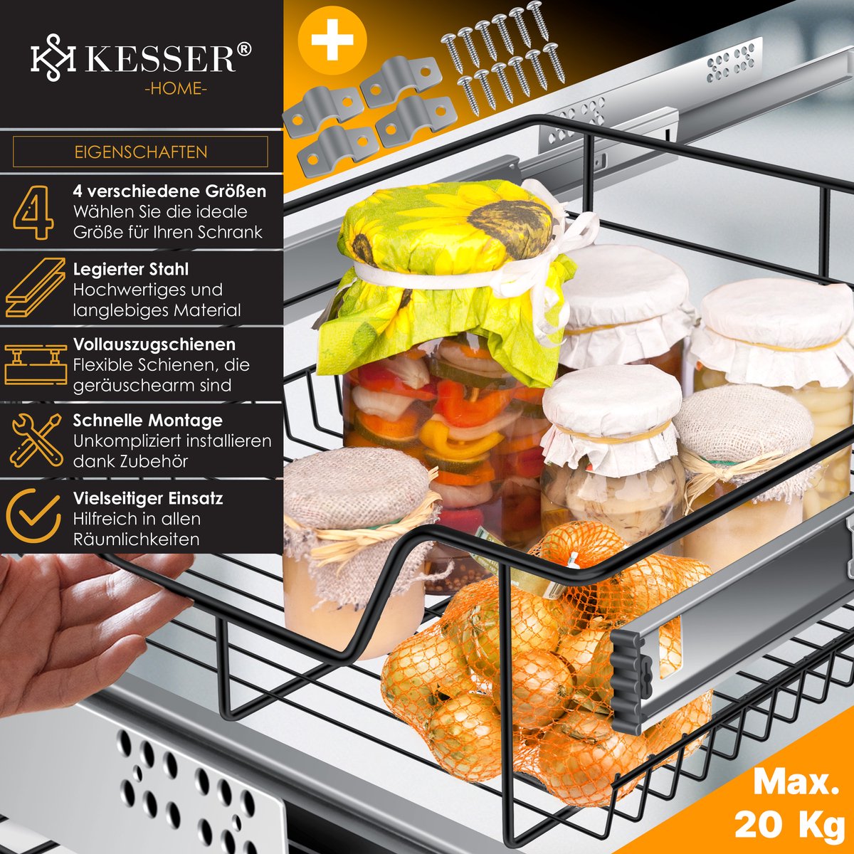 KESSER® Keukenlade / Telescopische lade / Keukenkast / Mand uittrekbaar / Kast uittrekbaar / Volledig uittrekbaar / Lade - 1x 50cm - Zwart