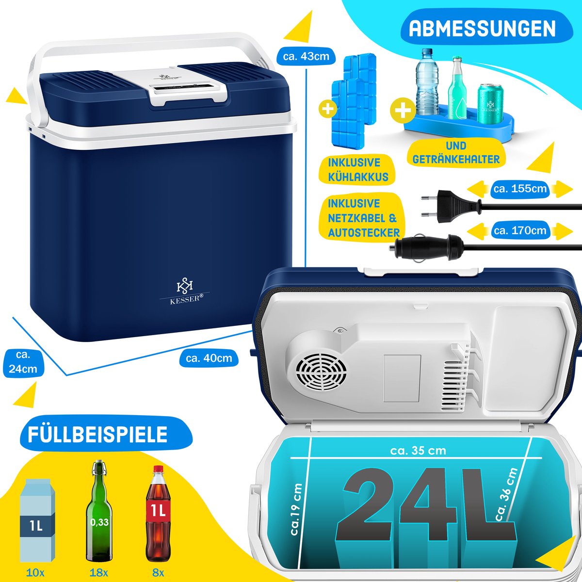 KESSER® Thermo-Elektrische Koelbox – 24L – 12V/230V – Marineblauw