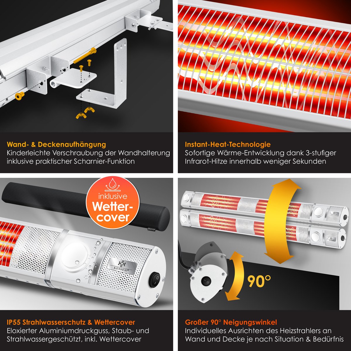 KESSER® Infraroodstraler / Infrarood Stralingsverwarming 3000W IR Gastro Bar Incl. LED Licht Patio Heater Met WiFi & Afstandsbediening incl. Beschermhoes Infrarood Heater Kwarts Heater Patio Heater Wand Heater - Wit
