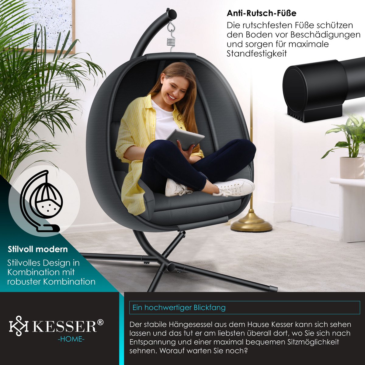 KESSER® Egg Hangstoel met Standaard - Tot 150kg - Antraciet