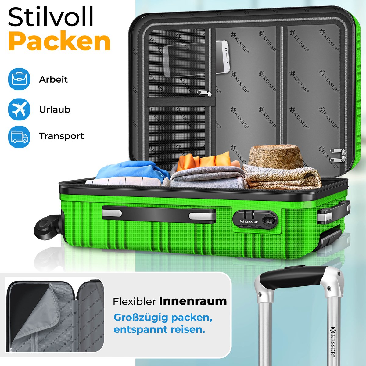 Kofferset - 3 delig - Trolley - Reiskofferset - Groen - KESSER® •