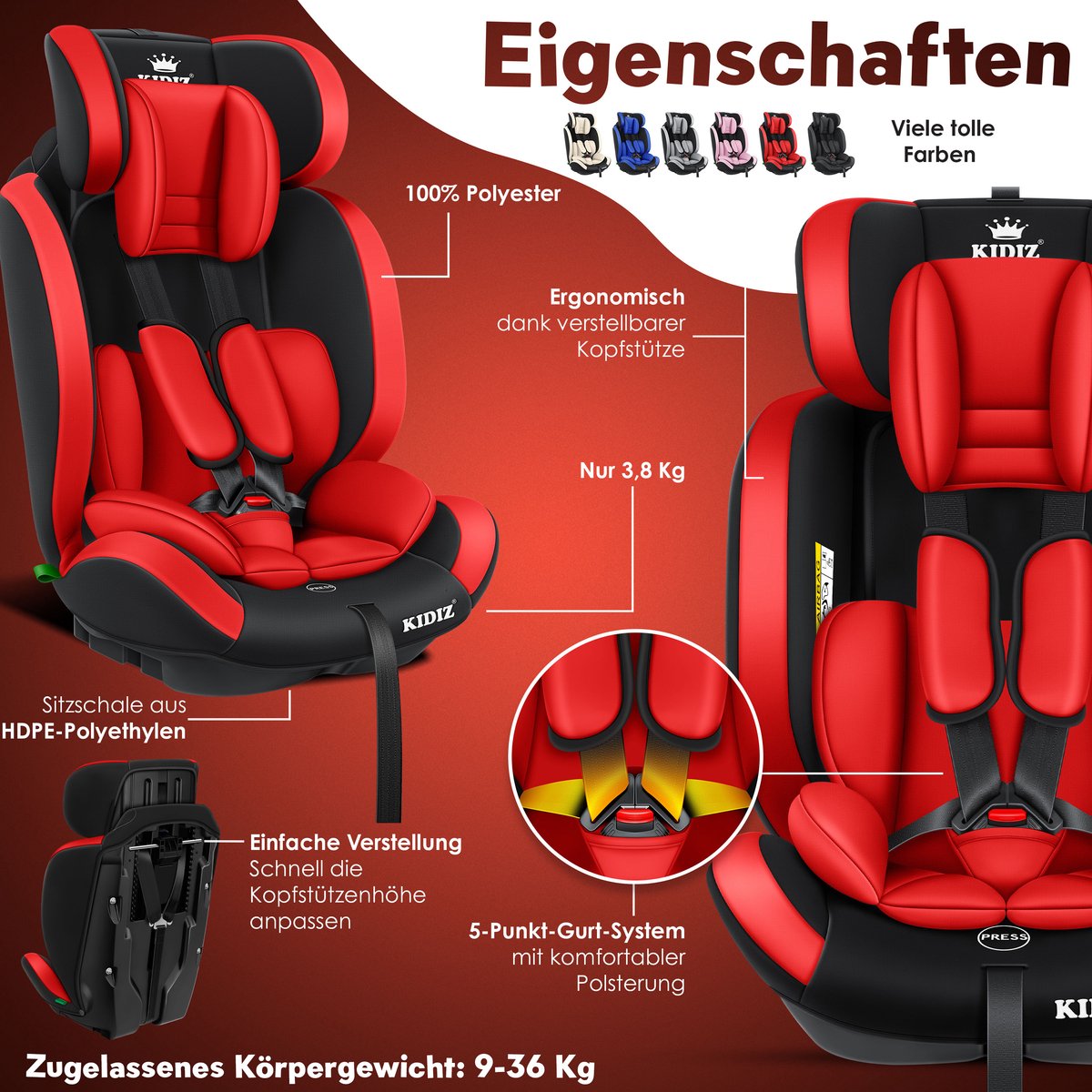 KIDIZ® Autostoeltje Groep 1+2+3  9-36 kg 5-punts veiligheidsgordel, Autostoeltje, Kinderzitje, Verstelbare Hoofdsteun | Stoelverhoger 1-12 jaar, Stabiel en Veilig - Rood