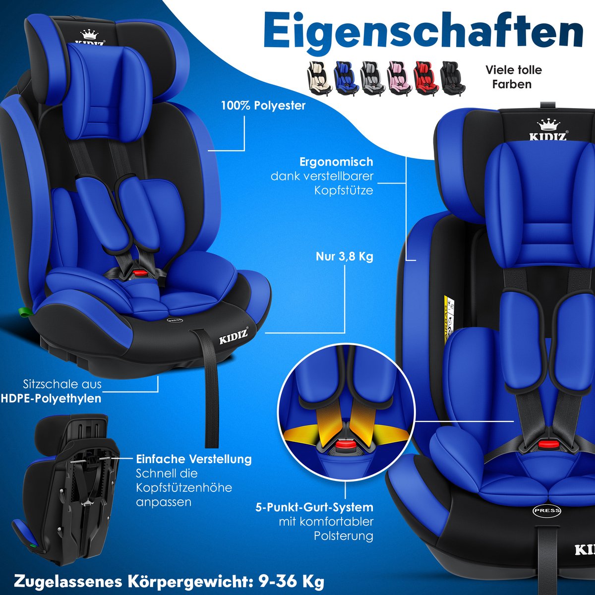 KIDIZ® Autostoeltje - 5-punts veiligheidsgordel - Blauw