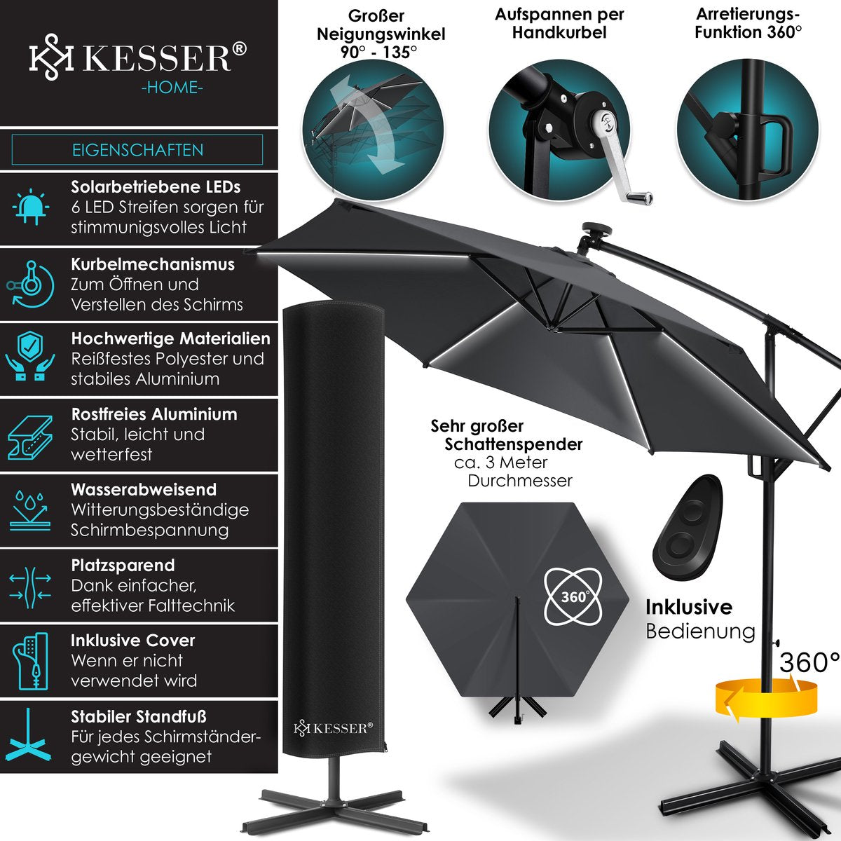 KESSER® Zweefparasol met voet - LED - Ø 3m - 360° Draaibaar  - Antraciet •