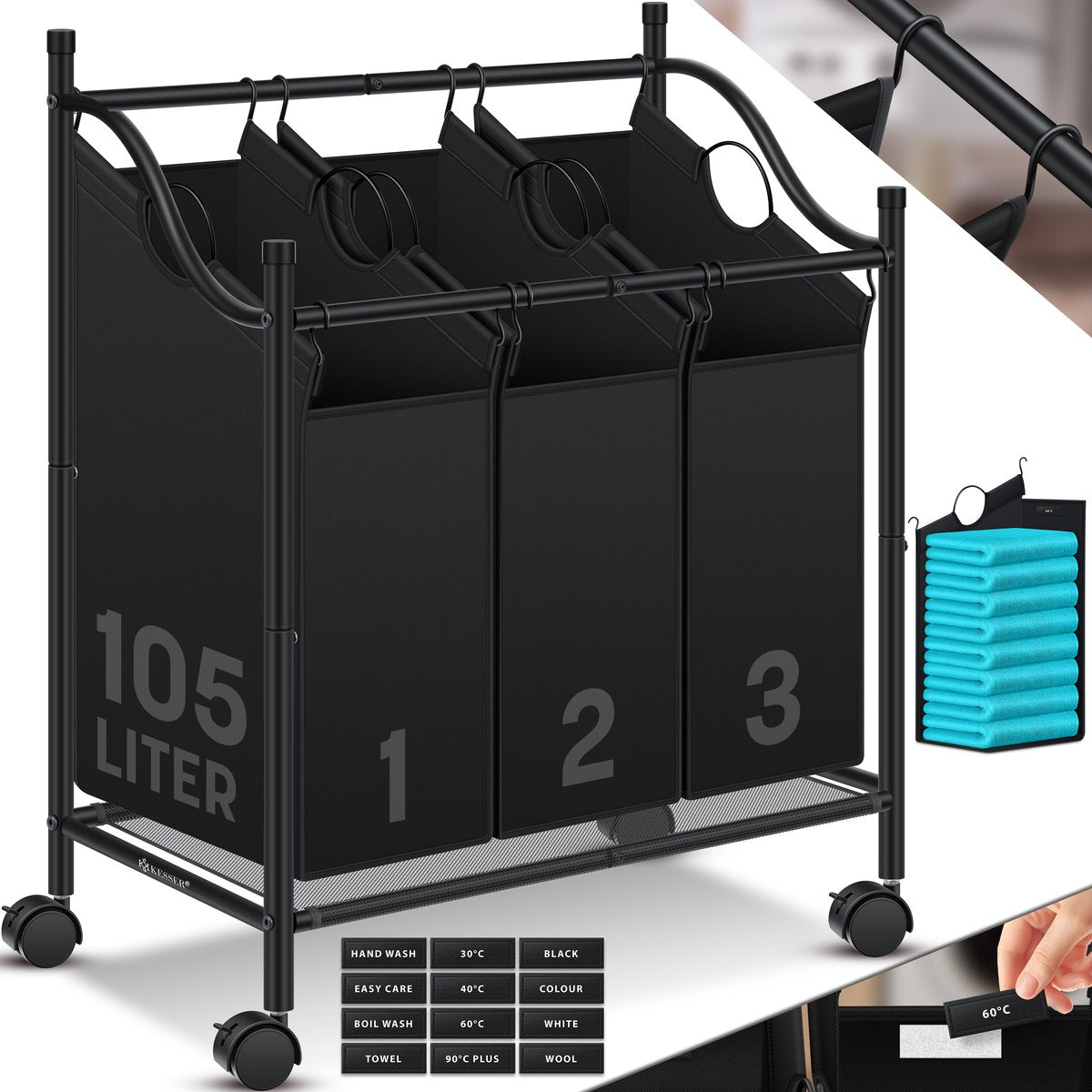 KESSER® Wasmand op Wieltjes met 3 Uitneembare Vakken - Wassorteerder Waszak - Zwart