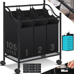 KESSER® Wasmand op Wieltjes met 3 Uitneembare Vakken - Wassorteerder Waszak - Zwart